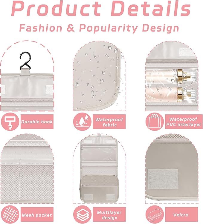 Toiletry Bag Travel Bag with Hanging Hook for Women and Men,Beige | Waterproof Small Capacity Hanging Multifunctional Makeup Bag for Toiletries, Portable Cosmetic Bag Travel Organizer - Image 3