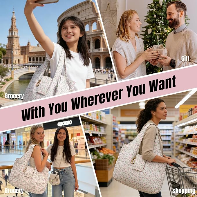 Foldable Keychain Tote Bag for Women,Reusable Mini Travel Grocery Bags | Waterproof Packable Handbag with Key Ring for Daily - Image 2