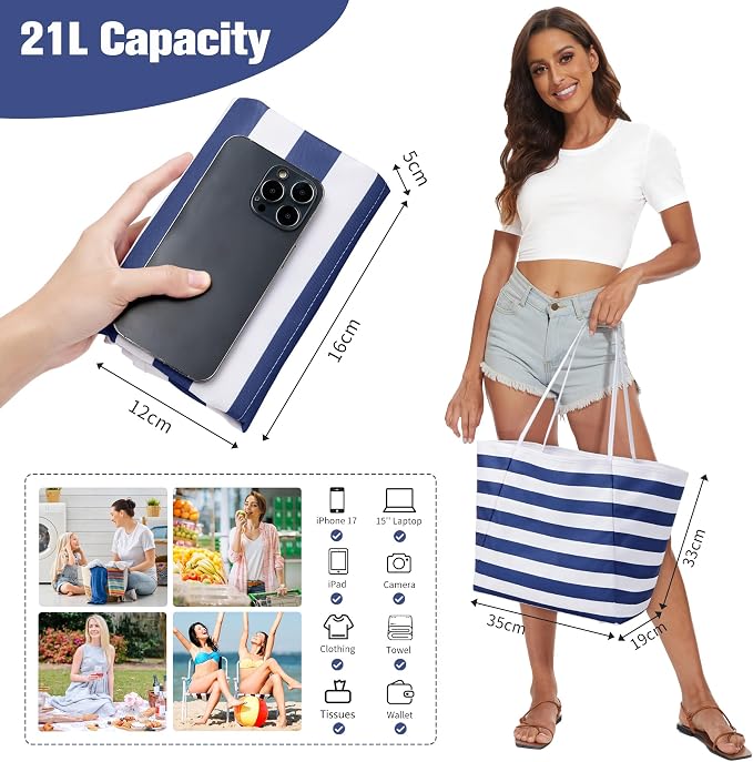 KALIDI Beach Tote Bag Women Large Waterproof Sandproof Shoulder Handbags | Foldable Grocery Bag Striped Pool Bag Lightweight Travel Purse for Picnic Travel Vacation Casual Errands Everyday Daily - Image 2