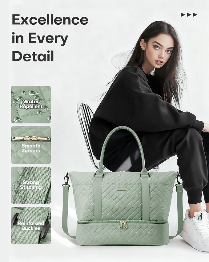 HOTOR Travel Duffel Bag - Weekender Bags for Women, Carry On Gym Tote Bags | with Toiletry Bag & Shoe Compartment, Overnight Bag for Travel Essentials and Travel Accessories, Green, 15.8"×18.1"×8.7" - Image 7