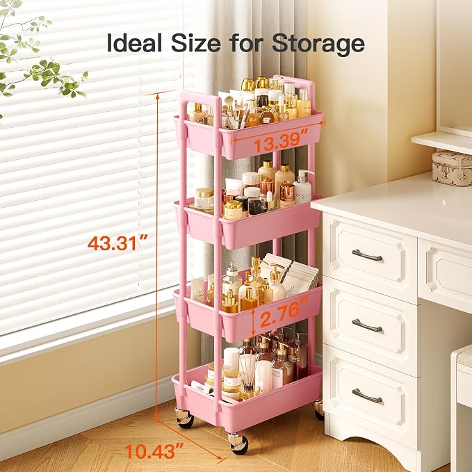 Pipishell 4 Tier Rolling Cart Organizer, Plastic Rolling Cart with Lockable Wheels & Reinforced Handle, Lightweight Utility Storage Cart for Nursery, Kitchen, Craft Room, Pink - Image 4