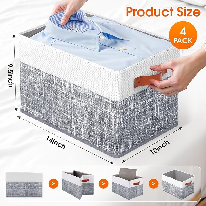 Collapsible Storage Baskets for Shelves,14"x10", 4 Pack Foldable Fabric Storage Bins with Double Leather Handles, Large Baskets for Organizing Books, Clothes, White & Grey - Image 2