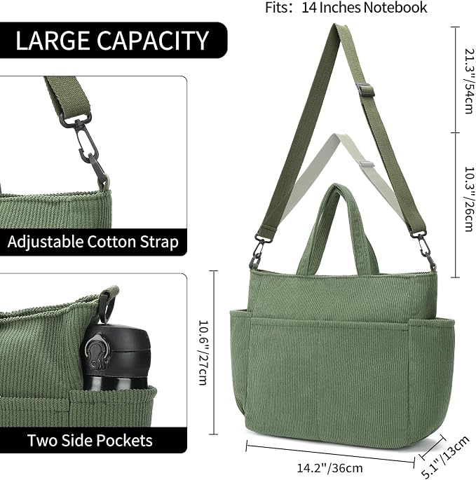 Corduroy Tote Bag for Women Crossbody Bags Lightweight Handbags Shoulder Bag with Zipper Pockets for Work Shopping - Image 4