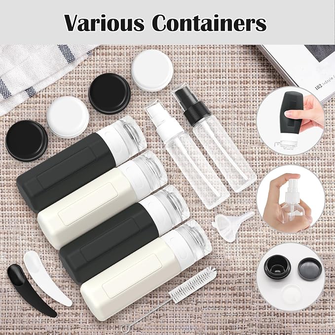 Redfly 17 Pack Travel Bottles for Toiletries, Tsa Approved 3oz Travel Size Containers, Leak Proof Travel Size Toiletries Bottles Silicone, BPA Free Refillable Shampoo Conditioners Kits, Black&White - Image 7