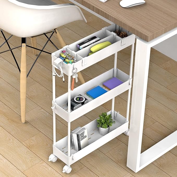 Slim Storage Cart 3 Tier,Bathroom Organizer Rolling Utility, Mobile Shelving Unit Slide Out for Office, Kitchen, Laundry Room & Narrow Places,White - Image 3