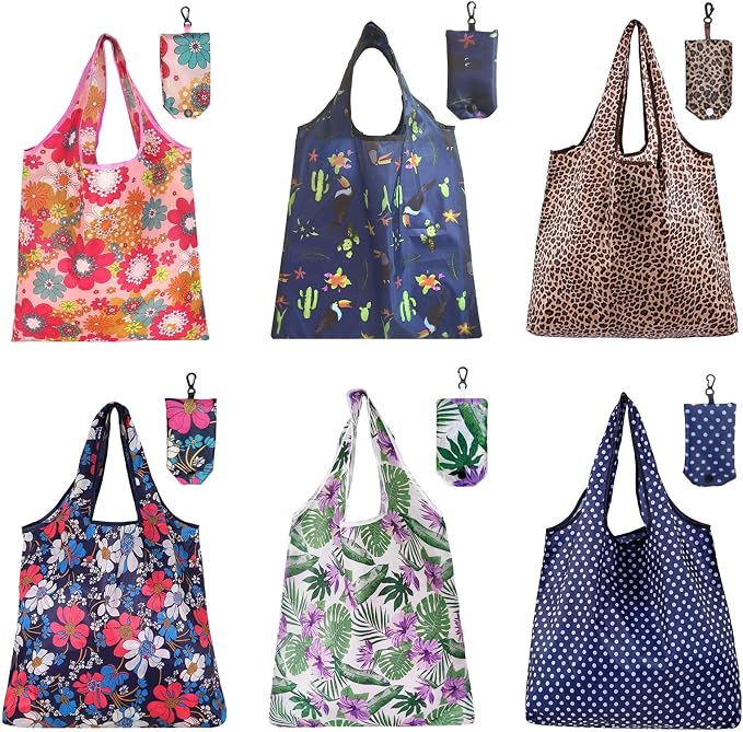 6 Pcs Reusable Shopping Bags Foldable,Grocery Bags in Pocket,Waterproof and Machine Washable,Eco-friendly Travel Recycle Polyester Tote Bags for Daily Shopping Supplies load by Unknown
