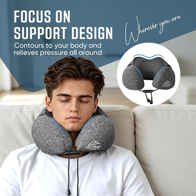SkytraxComf® Travel Neck Pillow with Hood for Privacy on Long Flights | Memory Foam | Airplane Sleep | Safety-Tested Materials | Extra Large Hood | Chin Support | Earplugs | Washable Cover - Image 5