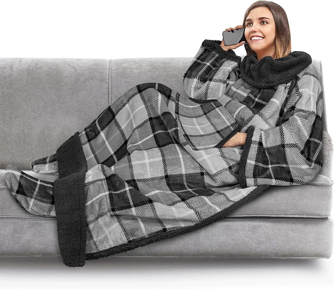 PAVILIA Sherpa Blanket with Sleeves, Foot Pocket for Women Men Adults, Thick Wearable Blanket Throw Wrap, Fleece Warm Snuggle Blanket Robe, Cozy Gift Ideas Wife Mom, Plaid Gray by PAVILIA