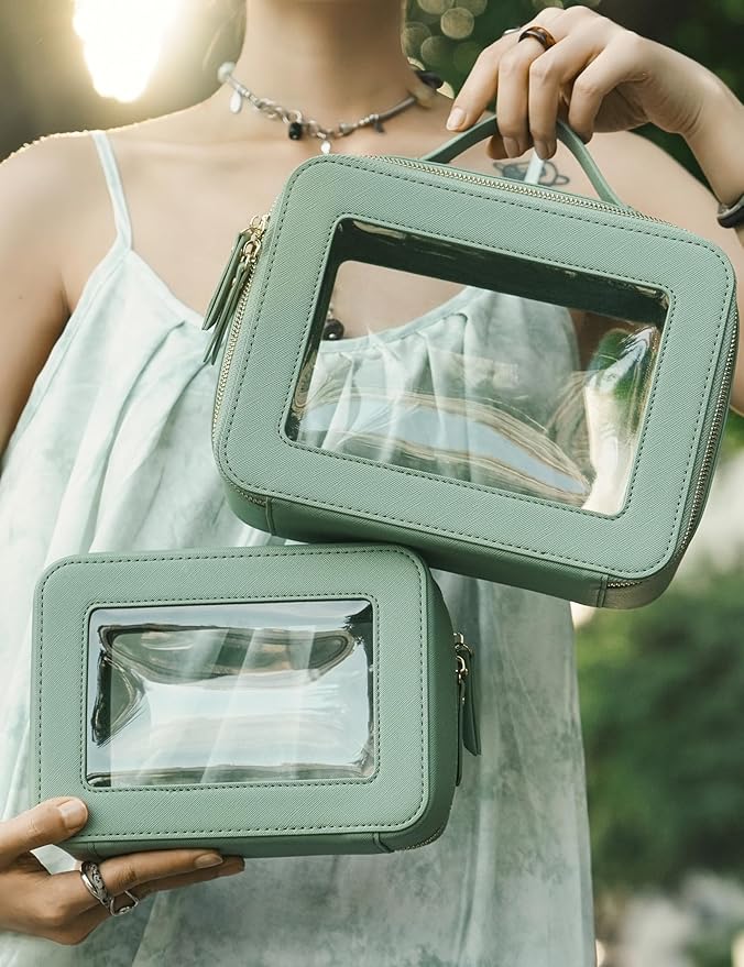 Clear Toiletry Bag 2 Pack, Travel Makeup Bag Medium and Large Green | Structured Clear Cosmetic Case with Zipper, Car Essential Organizer Bag for Women, Waterproof PU Leather, Wide Open Portable - Image 7