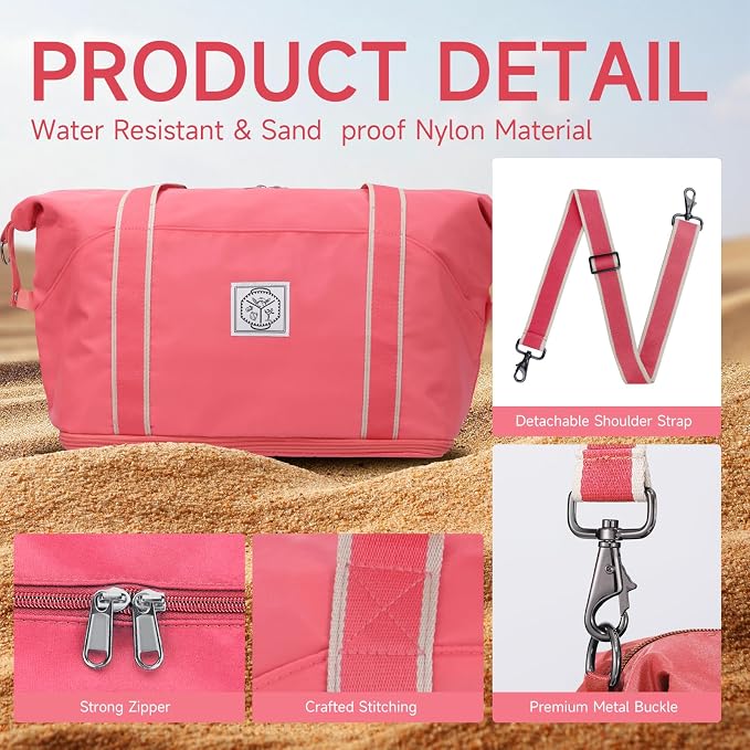 WALNEW Foldable Travel Duffel Bag, Weekender Bag for Women, Coral | Overnight Carry On Bag, Waterproof Gym Luggage with Metal Buckle Detachable Shoulder Strap and Wet Compartment - Image 4