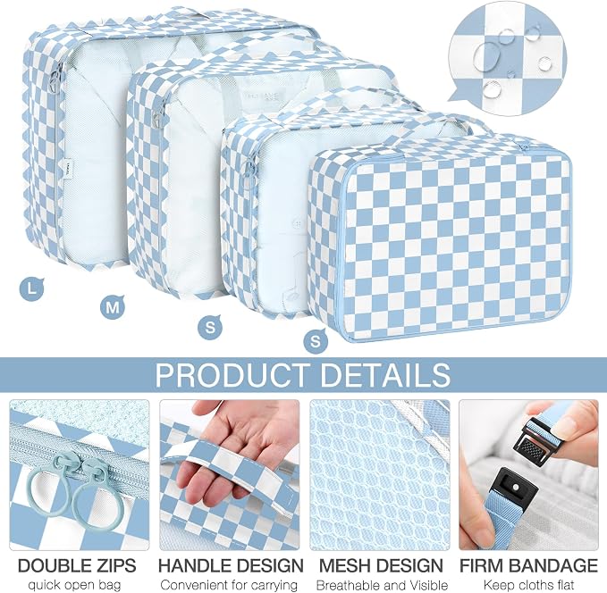 8 Set Packing Cubes for Travel, Luggage Packing Organizers Accessories Large Toiletries Bag for Clothes Shoes Cosmetics (Blue Checkered) - Image 3
