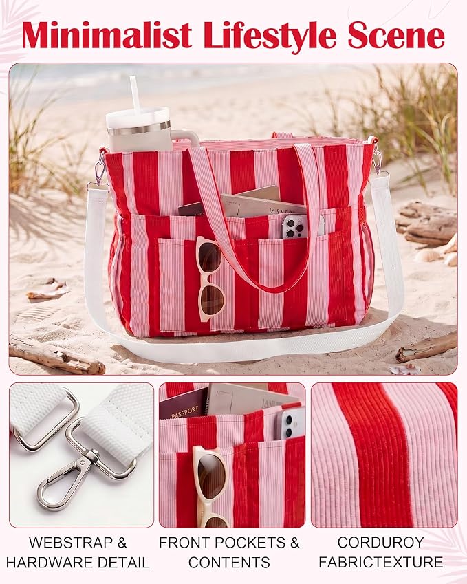 Kacctyen Striped Beach Tote Bag for Women Large Beach Foldable Tote Bag with Zipper Pockets for Travel Pool - Image 6