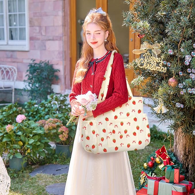 Corduroy Tote Bag for Women,Large Capacity Cute Tote Bags With 6 Pockets,Crossbody Shoulder Handbag for Work Travel Gym - Image 3
