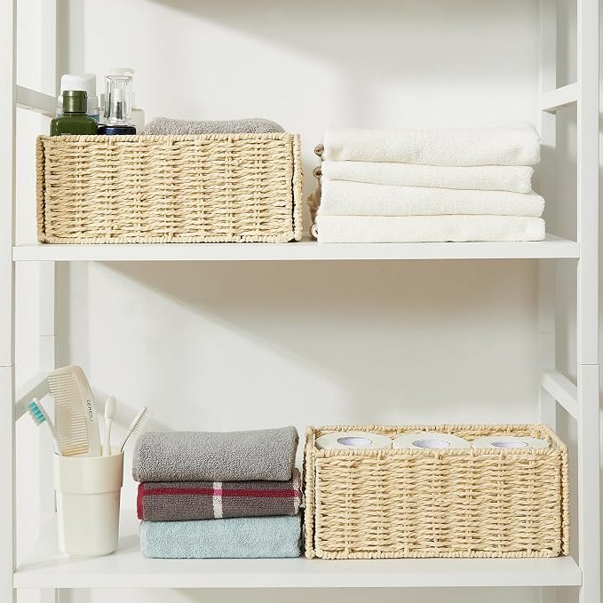 Wicker Storage Basket, Set of 2 Hand-Woven Paper Rope Wicker Basket, Small Storage Baskets for Organizing Toilet Paper Basket, Foldable Large Cube Storage Organizer Bins for Shelves (Beige) - Image 4