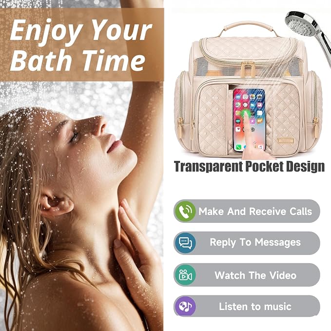 Large Leather Toiletry Bag for Women Men,Bathroom Bag,Water Resistant Shower Bag,Makeup Bag,Portable Shower Caddy for College Dorm,Hanging Travel Toiletry Bag with Transparent Waterproof Phone Pocket - Image 3