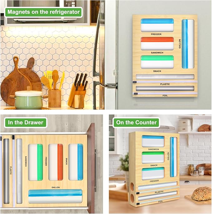 MSJGA Magnetic Food Bag Storage Organizer for Drawer or Refrigerator | Ziplock Bag Organizer, Compatible with Gallon,Quart, Sandwich, Snack & Variety Size Bags, Bamboo, 12.7"W x 16.6"H x 4"D - Image 4
