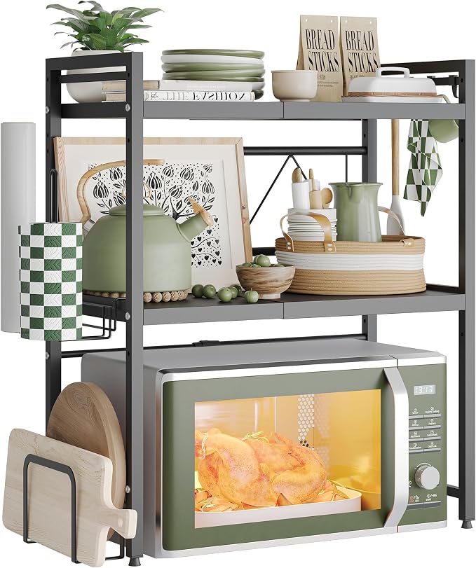 3 Tier Expandable Microwave Stand countertop,Microwave Oven Rack | microwave shelf with Paper Towel and Chopping Board Holder, storage shelf for appliances,55 Lbs load Per Tier,Black by NETELOfficial