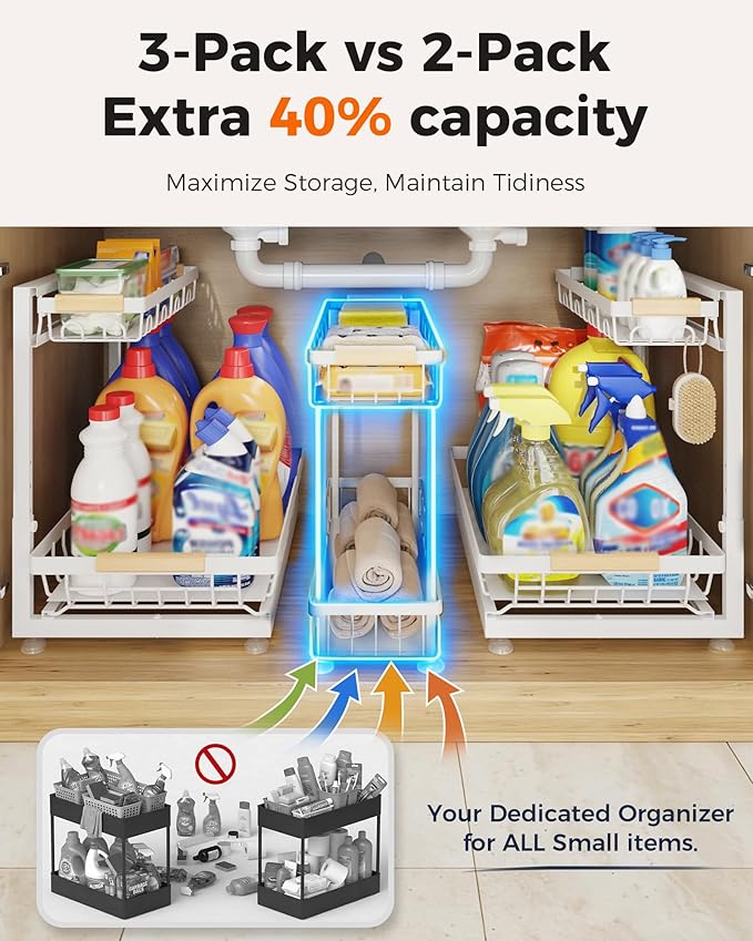 3-Pack 2-Tier Height Adjustable Under Sink Organizer, White | Multi-purpose metal storage shelf with sliding shelves for kitchen, bathroom, pantry & laundry cabinet - Image 4