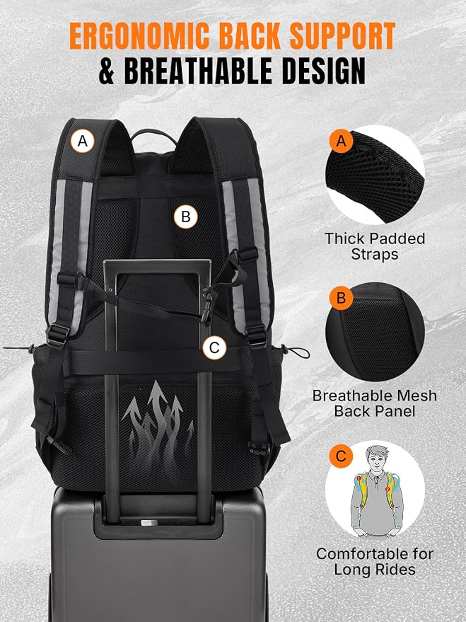 Oumurs Reflective Motorcycle Helmet Backpack, 35L Riding Backpack with Hidden Helmet Net, Hi-Vis Commuter Bag, 1680D Water-Resistant Travel Backpack with Laptop Compartment, Ventilated Back - Image 5