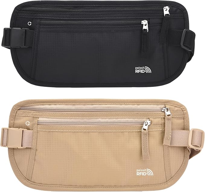 Unisex Money Belt For Men and Women, Slim Passport Holder RFID Blocking Travel Essentials Pouch with Adjustable Strap Small Waist Pouch for Workout Running Travelling Hiking, Black & Beige by paissit