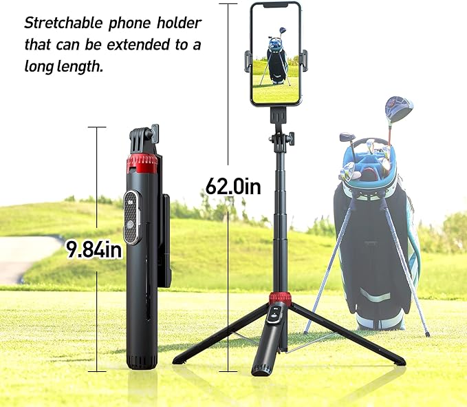 62" Phone Tripod & Selfie Stick for Golf Training | Extendable Cell Phone Tripod Stand with Wireless Remote and Phone Holder, Golf Training Aid - Compatible with iPhone Android - Image 3