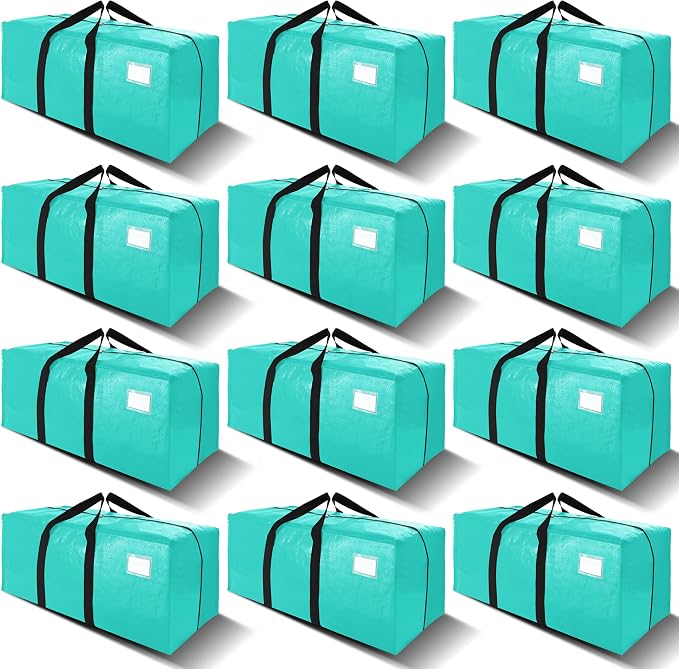 VELVETSURE 12 Pack Heavy Duty Large Moving Bags W/Backpack Straps - Strong Handles & Zippers, Storage Totes For Space Saving, Fold Flat, Alternative to Moving Box and Storage Bin, Aquamarine by VELVETSURE