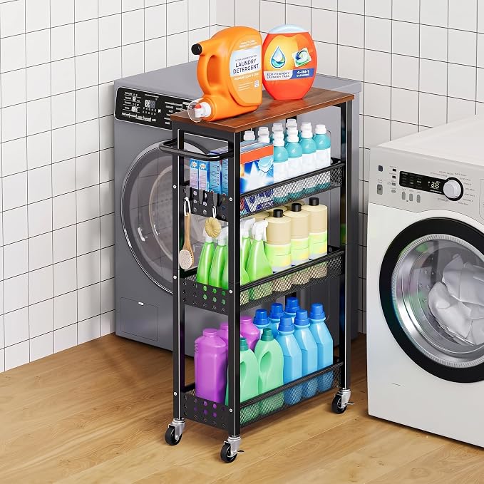 4 Tier Slim Rolling Cart with Wheels for Between Washer and Dryer Storage | Black Metal Rolling Spice Rack Next to Fridge, Narrow Kitchen Cabinet for Small Spaces, Laundry Room Organizer Carts by Aofure