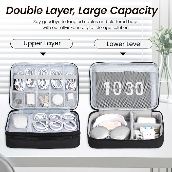Electronic Organizer Travel Case, Double Layer Cable Organizer Bag | Double-layer design with adjustable dividers, mesh pockets and elastic loops for chargers, cables, power banks and gadgets - Image 4