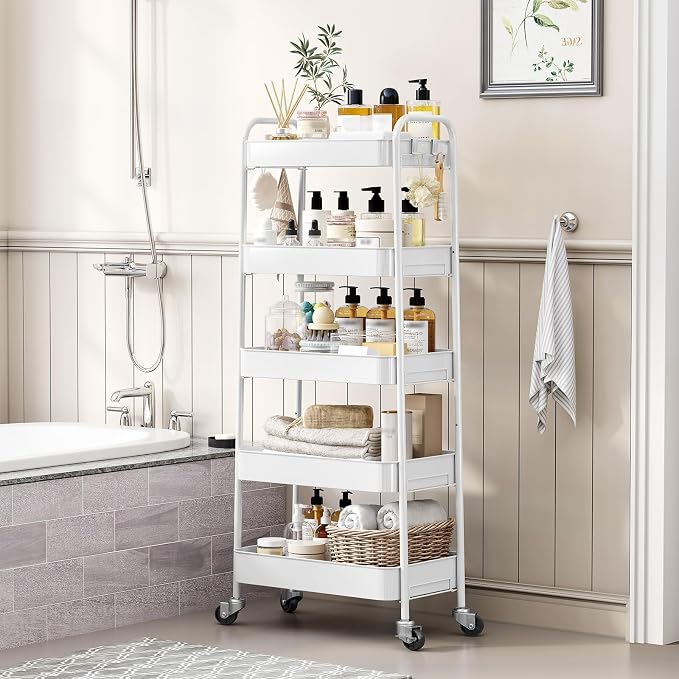 TOOLF 5-Tier Metal Rolling Cart with Wheels, Storage Utility Organizer Cart for Kitchen, Bathroom, Office, Baby Essentials & Makeup - Lockable Casters, Easy Assembly, Large Capacity, White - Image 3