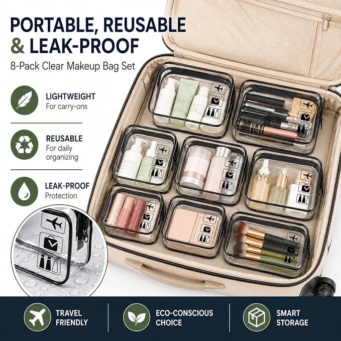 8 Pack Clear Toiletry Bag Clear Makeup Bag Zipper Toiletry Pouch | Includes 3S 3M 2L PVC Cosmetic Pouches with Zipper for TSA Toiletry Bag Set Travel Packing and Daily Organization - Image 6