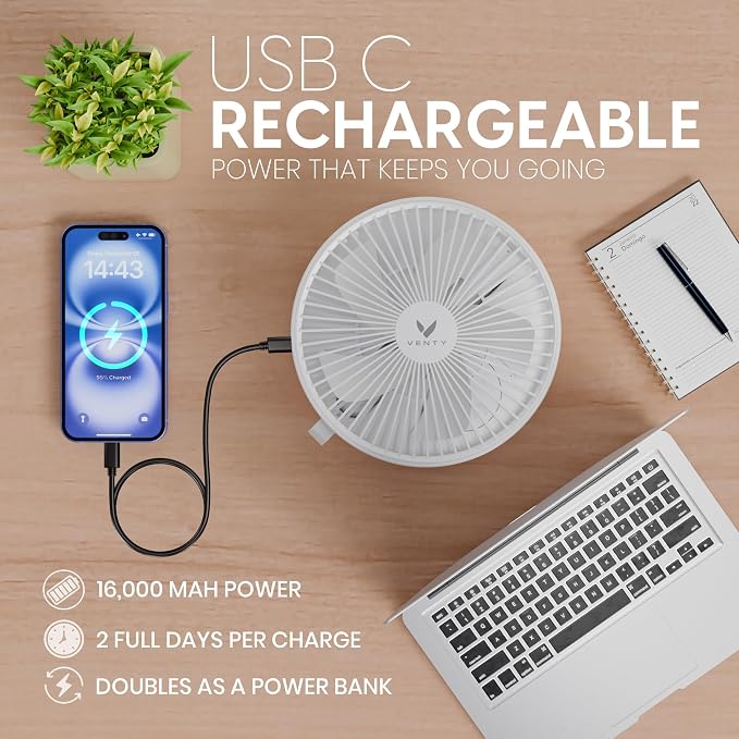 VENTY Portable Fan - Wireless Battery Operated Fan - 4 Speeds - LED Lighting - Carry Case & Remote Control - Cruise Travel - Outdoor Travel RV Power Bank With USB-C Port (White with Case) - Image 7