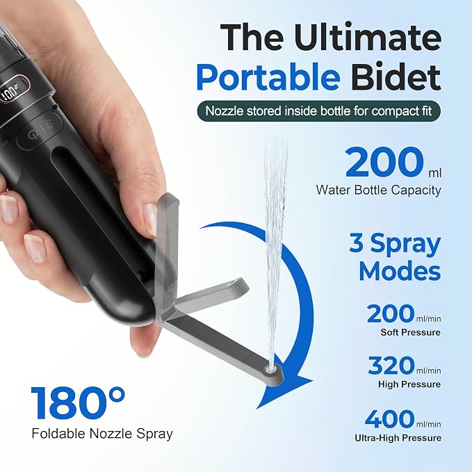 Electric Portable Bidet – Rechargeable Travel Bidet for Women Postpartum Care & Personal Hygiene | 3 Pressure Modes for Home Travel & Camping, Black - Image 6