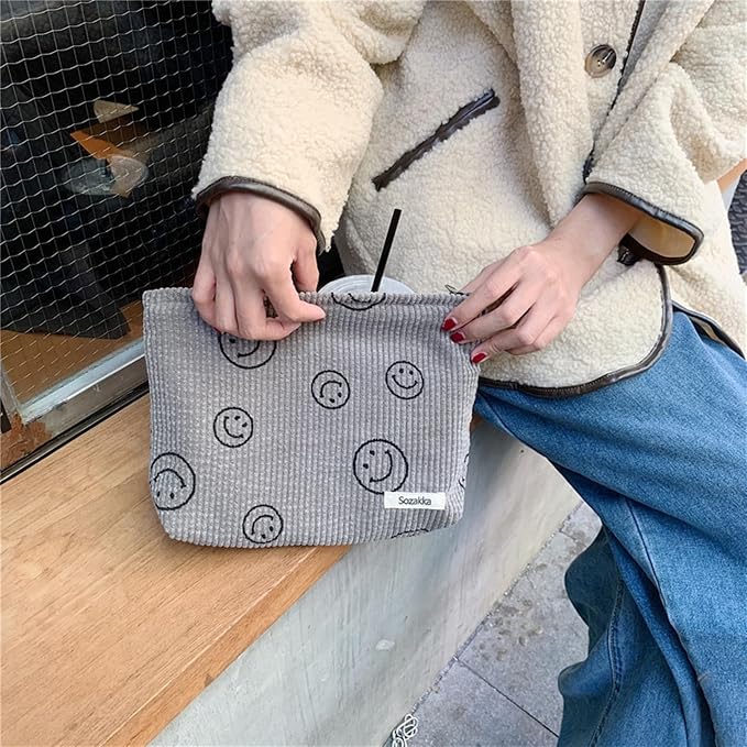 Cosmetic Bags for Women - Corduroy Cosmetic Bag Aesthetic Women Handbags Purses Smile Dots Makeup Organizer Storage Makeup Bag Girls Case Bags (A-Gray) - Image 2