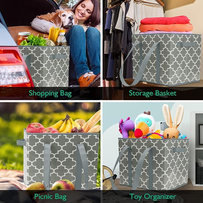 Reusable Grocery Bags 4-Pack Foldable Washable Large Storage Basket, Grey | Water Resistant Shopping Tote Bag Bins - Image 2