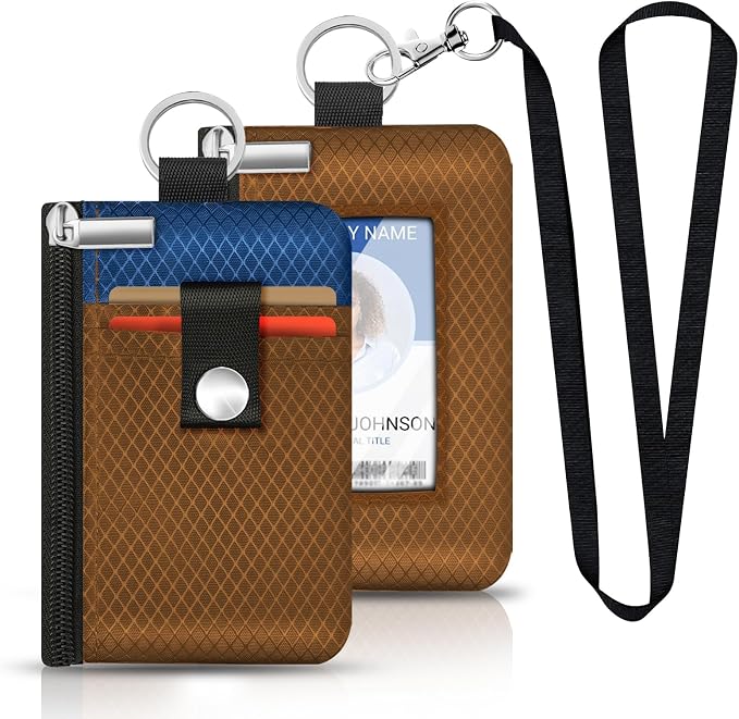 Minimalist RFID Blocking Small Wallet with ID Window,WaterResistant Zip Id Case Wallet with Lanyard Keychain for Cards,Cash,Travel,Women,Men (Brown/Electric Blue) - Image 6
