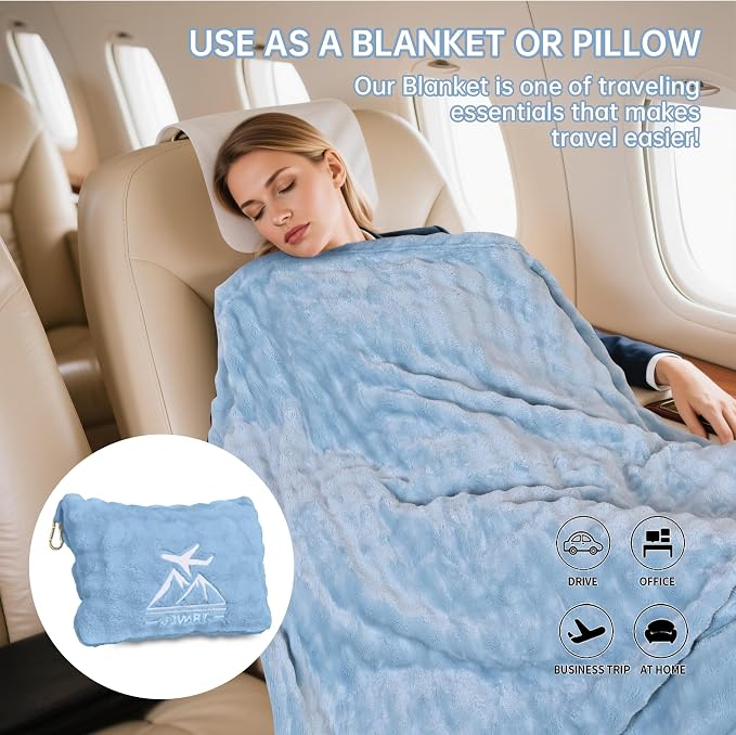 Travel Blanket and Pillow-2-in-1, Ultra-Soft&Compact, Airplane Blanket with Hand Luggage Belt and Backpack Clip,Travelers Accessories Gifts, 61x43 Inches（Blue） - Image 5