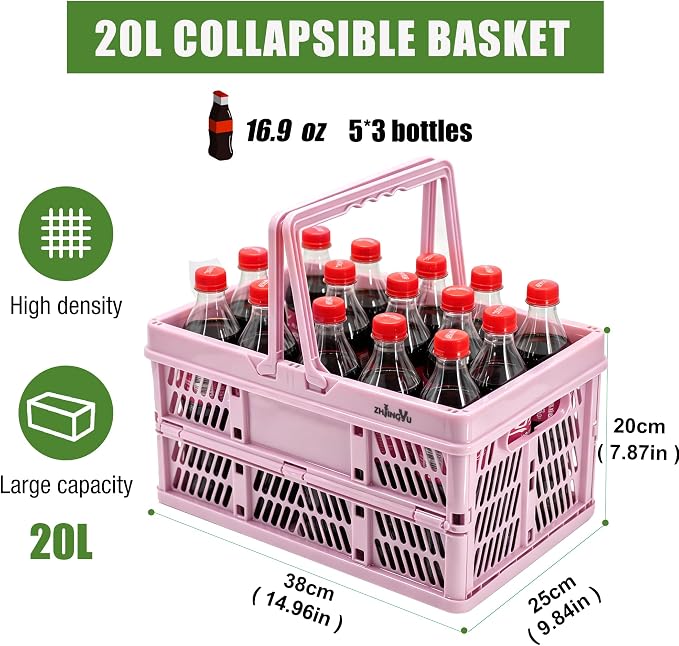 Pink Plastic Baskets with handles,2-pack Collapsible crates for storage,14.96"x9.84"x7.87" foldable shopping basket ,foldable crate with Handles for car Classroom Kitchen Bathroom Medicine Milk - Image 4