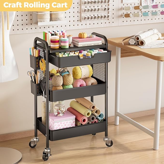 KINGBOARD 3 Tier Metal Rolling Cart with Drawer, Black Utility Storage Cart | 2 Cups & 4 Hooks, Lockable Wheels, Trolley Organizer for Bathroom, Kitchen, Office, Nursery, Dorm, Laundry, Craft Room - Image 7