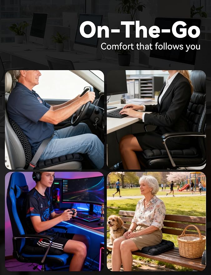 Inflatable 3D Travel Cushion for Airplane, Tailbone Pain Relief Seat Pad with Ergonomic Support, Anti-Slip Bottom, Built-in Pump & Carry Bag for Travel/Office/Car – 36 Air Cells, Black - Image 4