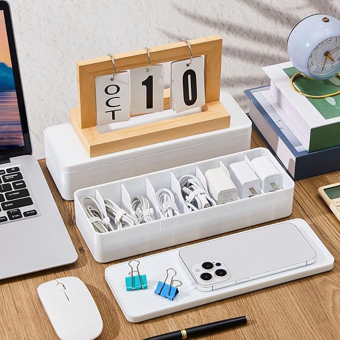 Tatuo 4 Pcs Cord Organizer for Drawer Desktop, Cable Organizer Box with 8 Compartments and Wire Ties, Plastic Charger Storage with Lid, Electronics Case for Home Office Accessories (Small,White) - Image 6