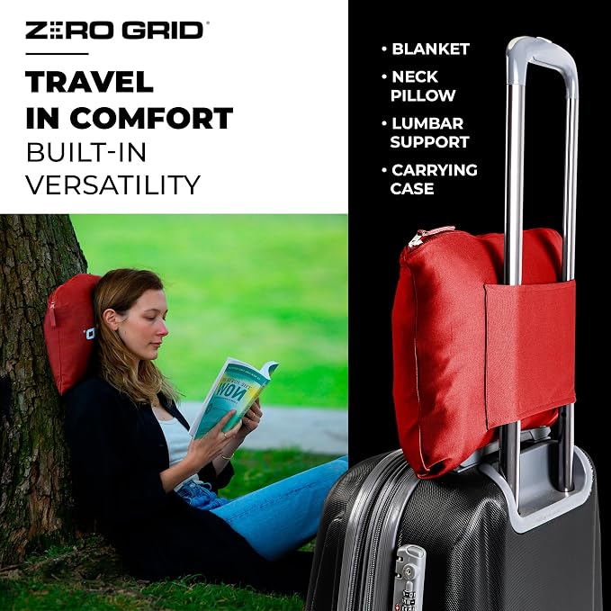 Zero Grid Lightweight Airplane & Travel Blanket with Foot Pockets, Red | Compact Wearable Blanket with Neck Snaps, Zips & Converts to Soft Pillow for Ultimate Comfort - Image 7