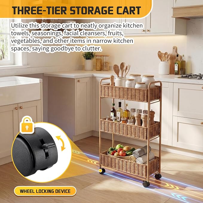 Utility Slim Storage Cart,3-Tier Rolling Kitchen Office Laundry Room Cart,Mobile Shelving Unit Organizer for Living Room Bathroom Baby Diaper Narrow Places (Natural, 3 Tiers-7.1 inch (W)) - Image 9