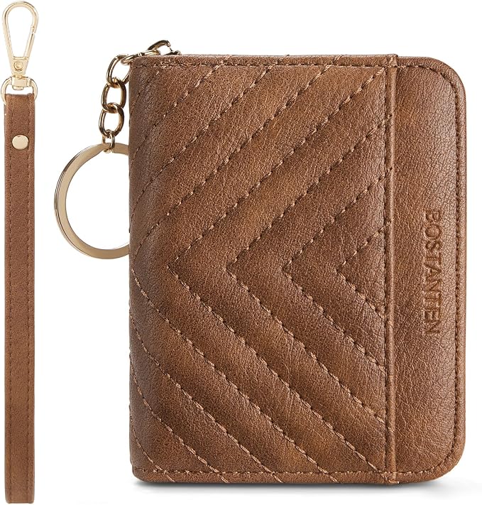 BOSTANTEN Credit Card Holder Small RFID Wallet Women with Keychain Wristlet | Compact, Accordion Design, Easy Organization, Fits Small Purses, Quilted Vegan Leather, Perfect Gifts, Brown by BOSTANTEN