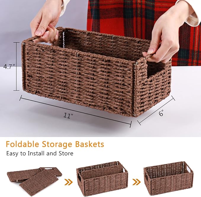 Wicker Storage Basket, Set of 2 Hand-Woven Paper Rope Wicker Basket, Small Storage Baskets for Organizing Toilet Paper Basket, Foldable Large Cube Storage Organizer Bins for Shelves (Brown) - Image 6