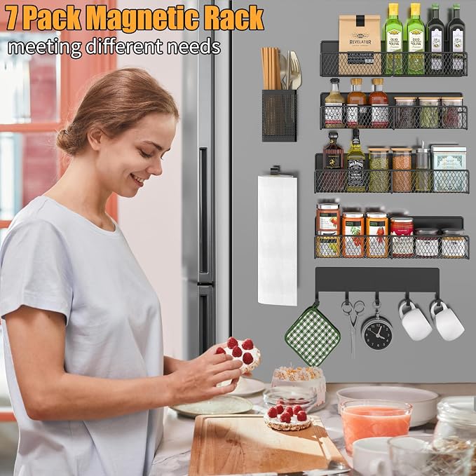 DTUQYX Magnetic Spice Rack for Refrigerator, 7 Pack Metal Shelf Black , Moveable Organizer with Hook Rack, Paper Towel Holder, Kitchenware Strong Storage Fridge - Image 5