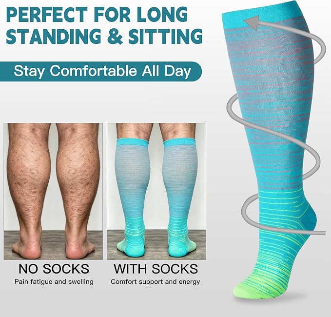 3 Pairs Wide Calf Compression Socks for Women Men 20-30 mmHg Knee High | Plus Size, Graduated Compression, Circulation Support, Tired Legs & Swelling Relief; Sports, Travel, Nurses, Daily Wear - Image 5