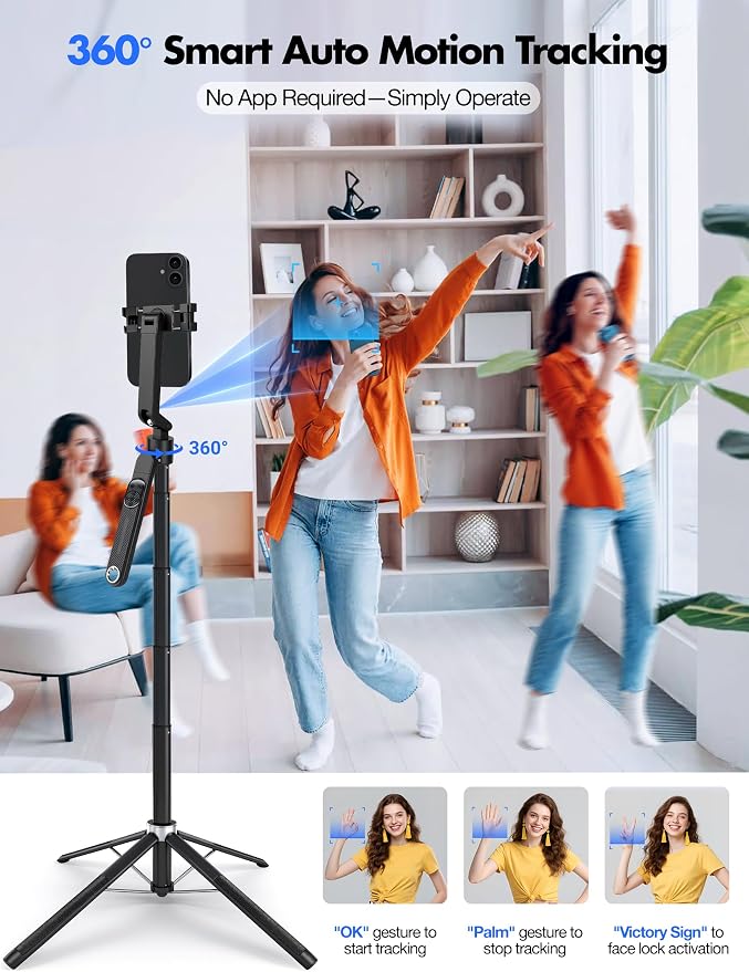 Sinbyuer 71'' Auto Face Tracking Tripod with Remote & Two Fill Lights | Gesture Control, 360° Rotation Follows Your Movement, Phone Stand Selfie Stick for TikTok Content Creators & Video Recording - Image 2