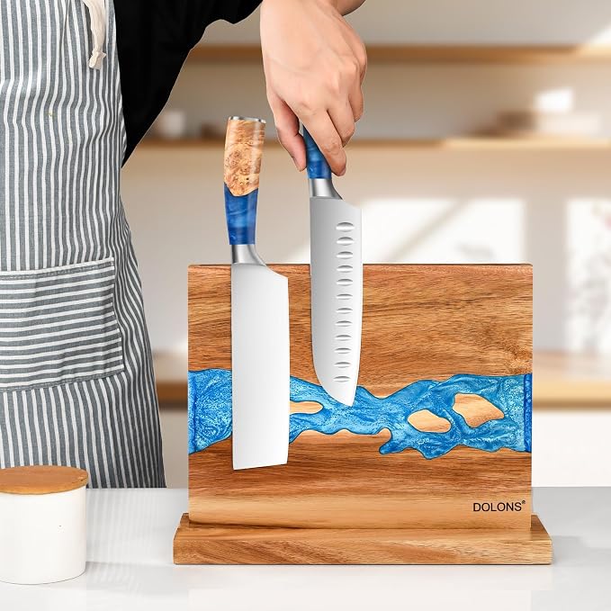 Magnetic Knife Block,Acacia Wood And Resin Kitchen Magnetic Knife Holder，Equipped with strong magnets,Multifunctional Double Side Knife Storage Organizer for Kitchen Counter ，Gifts for new home - Image 3