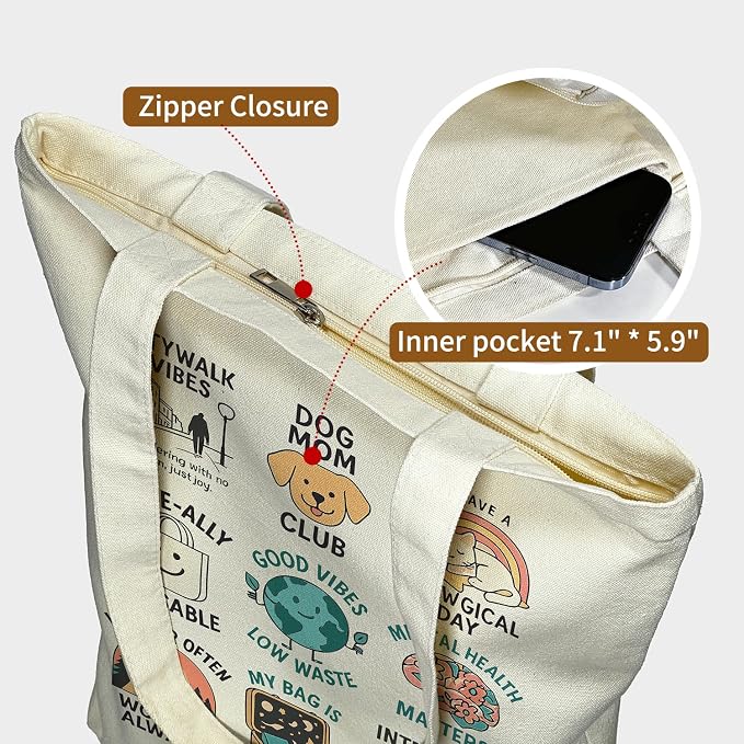 itgowisa Canvas Tote Bag for Women, Tote Bag with Zipper Inner Pocket, Zippered Canvas Bag for Shopping Work Grocery Everyday - Image 4