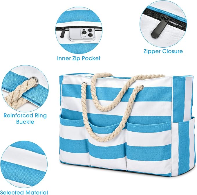 Becokan Beach Bags for Women Canvas Large Beach Tote Bag Zipper Waterproof Sandproof Foldable Swim Pool Bag with 7 Pockets - Image 4